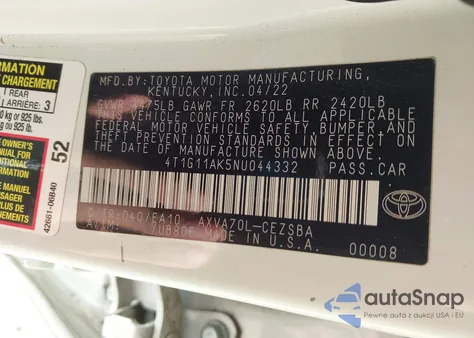 2022 Toyota Camry Se z USA, uszkodzony, nr VIN 4T1G11AK5NU044332